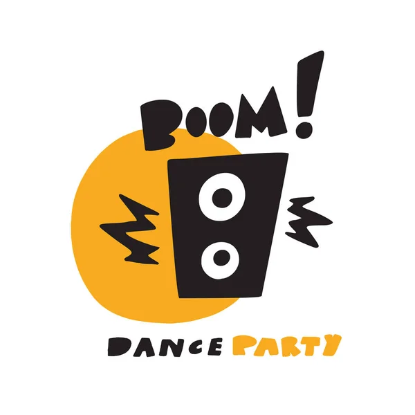Illustration dessinée à la main drôle de haut-parleur de musique, fabriqué en vecteur. Phrase Boom. Concept de soirée dansante . — Image vectorielle