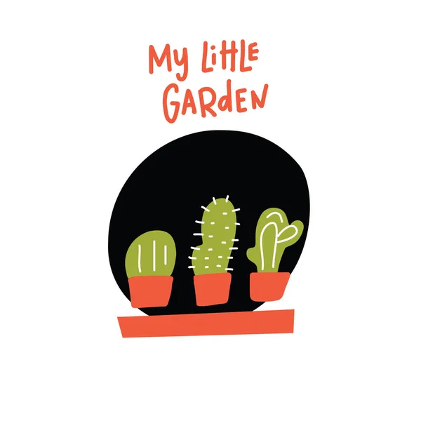 Mijn tuintje. Grappige doodle illustratie van drie cactus in de potten, gemaakt in vector. — Stockvector