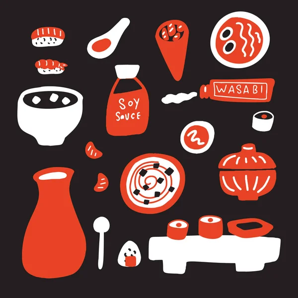Japanse keuken vectorillustratie. Hand getrokken voedsel. Geïsoleerd op zwarte achtergrond. — Stockvector