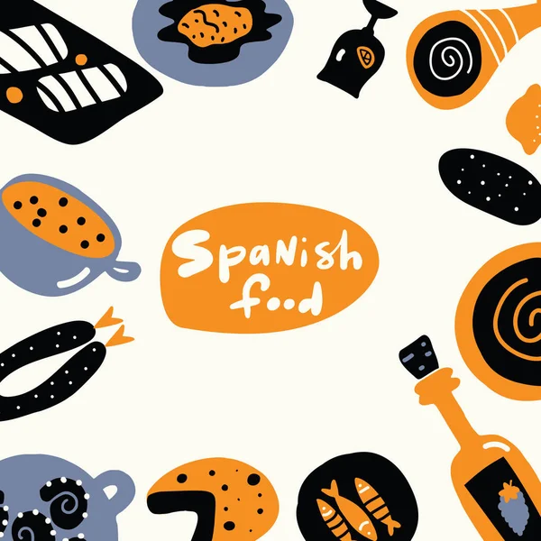 Ισπανικό φαγητό. Χέρι που εικονογράφηση, κατασκευασμένο σε διάνυσμα. Το πρότυπο μενού. — Διανυσματικό Αρχείο