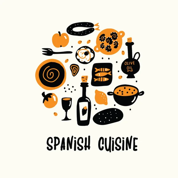 Vektorové ilustrace kreslené španělské kuchyně v kruhu. — Stockový vektor