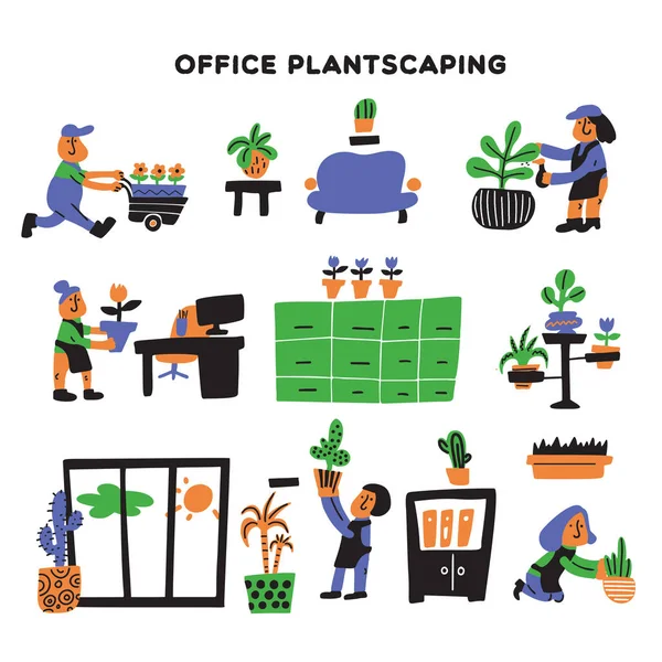 Vector hand getekend illustratie van tuinders, het verzorgen over office planten. Office plantscaping concept. — Stockvector