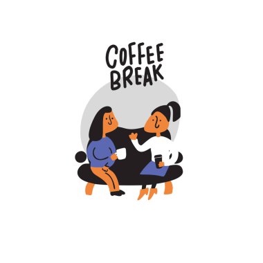 Kahve molası. Kahve içme bir koltukta oturan iki kadın çizilen illüstrasyon el ve bir konuşma yaptınız. Vektör.