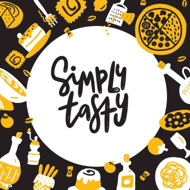 Klasik İtalyan gıda el çizilmiş vektör Illustration. Cümle sadece lezzetli. Yemek menüsü şablonu. Doodle tarzı.