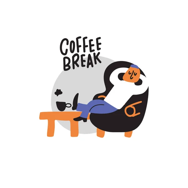 コーヒー ブレーク。男性は、コーヒーのカップと彼の amchair でリラックスの面白い手描きイラスト。落書きスタイル。ベクトル. — ストックベクタ
