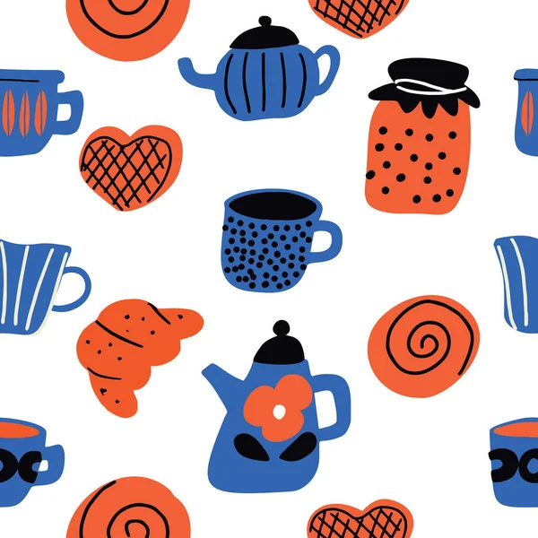Patrón sin costura vectorial dibujado a mano divertido con tetera, tazas y productos de panadería, hecho en estilo escandinavo — Vector de stock