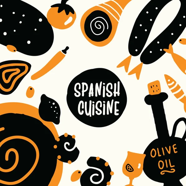 Spanish cuisine. Hand drawn illustration, made in vector. Menu template. — Stockový vektor