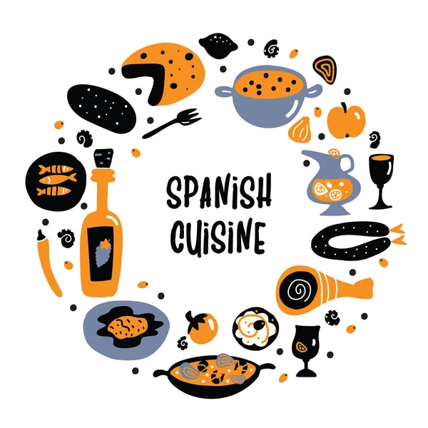 Cozinha espanhola. Ilustração de comida vetorial desenhada à mão em composição redonda com espaço de texto . —  Vetores de Stock