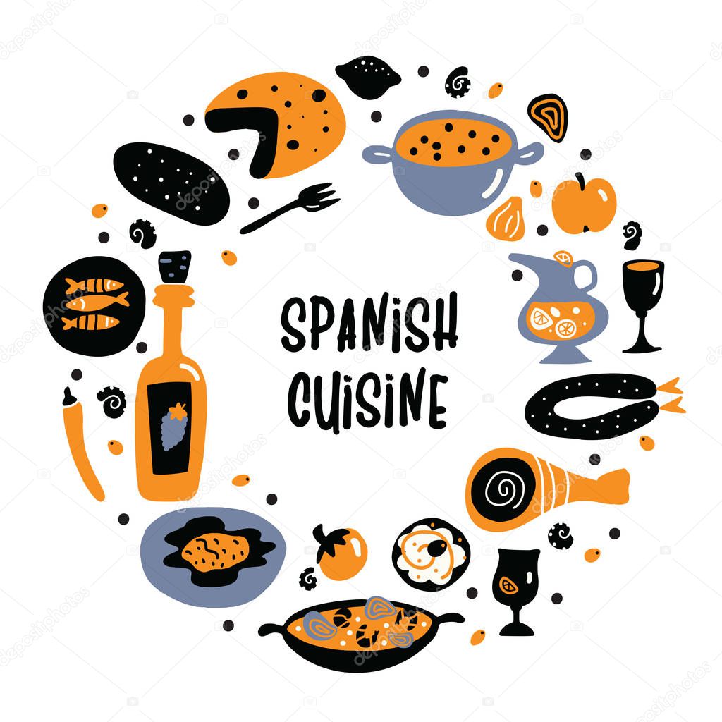 Spanish cuisine. Hand drawn vector food illustration in round composition with text space.