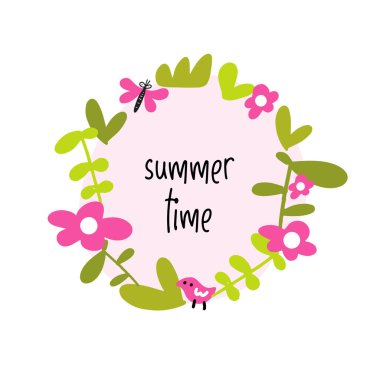 Çiçek çemberi sınırı. Yaz zamanı. Davetiye, tebrik kartı konsepti. Çiçeğin vektör illüstrasyonu.