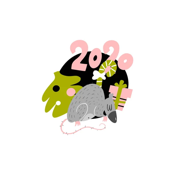 Grappige vector illustratie van rat met kerstboom en geschenk doos. 2020 jaar symbool. Geïsoleerd op wit. — Stockvector