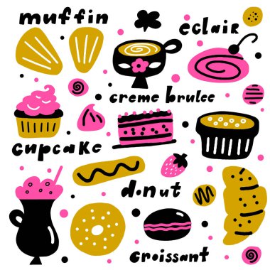 Tatlı. Farklı kek ve hamur işleri Vektör karikatür illüstrasyon.