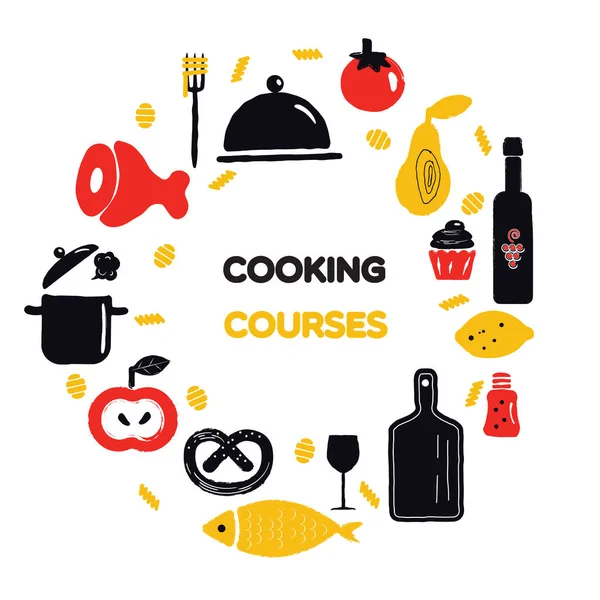 Cursos de cocina. Ilustración vectorial de utensilios de cocina y alimentos. Composición redonda . — Vector de stock