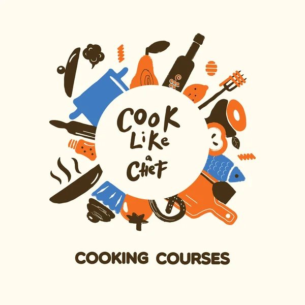 Concepto de cursos de cocina. Frontera redonda de utensilios de cocina y alimentos. Vector . — Vector de stock
