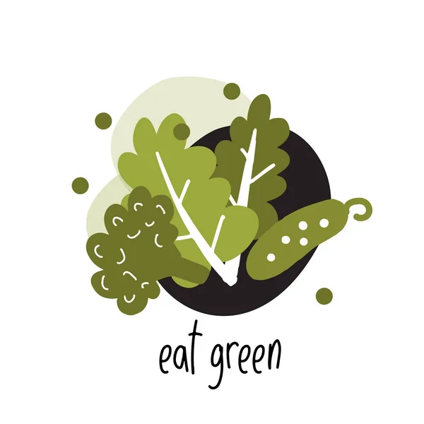 Αστείο διάνυσμα επίπεδη απεικόνιση μαρούλι, μπρόκολο και αγγούρι με κείμενο Φάε πράσινα. Ιδανικό για οικολογική, βιολογική αγορά τροφίμων, Ετικέτες. — Διανυσματικό Αρχείο