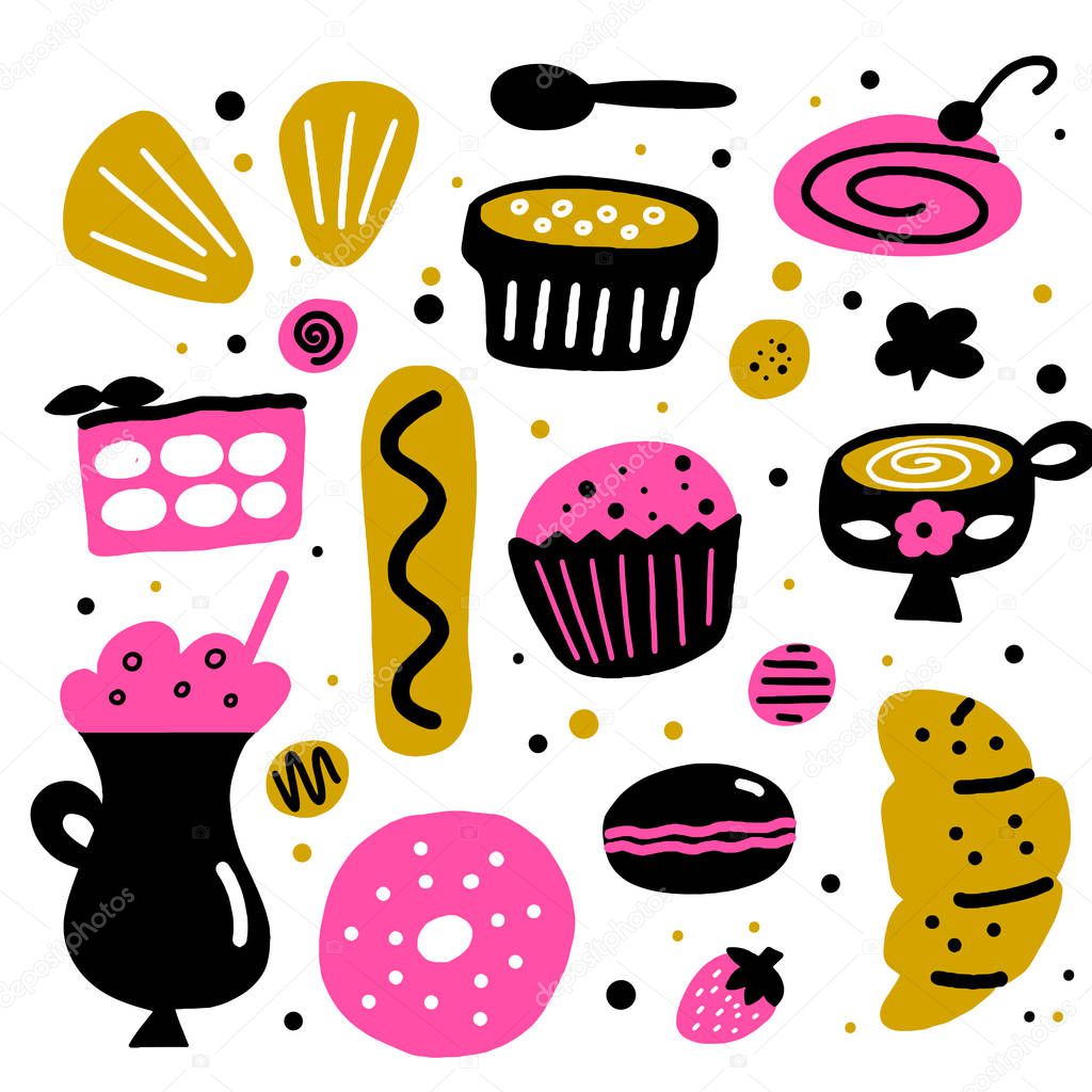 Desserts. Vector cartoon illustration of different cakes and sweets.