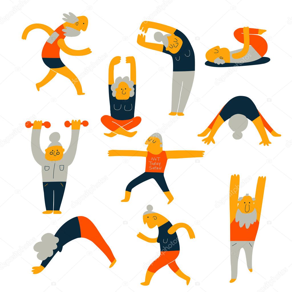 Set of senior people activity. Cartoon illustration of elderly exercising, made in vector.