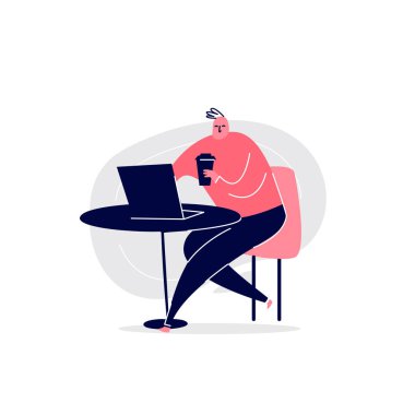 Onun laptop ile kahve veya çay içme kafede oturan erkeklerin Vektör karikatür illüstrasyon.