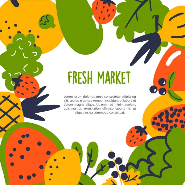 Φρέσκια αγορά. Διανυσματικά κινούμενα σχέδια εικόνα φρούτων και λαχανικών με χώρο κειμένου. Πρότυπο υγιεινής διατροφής — Διανυσματικό Αρχείο