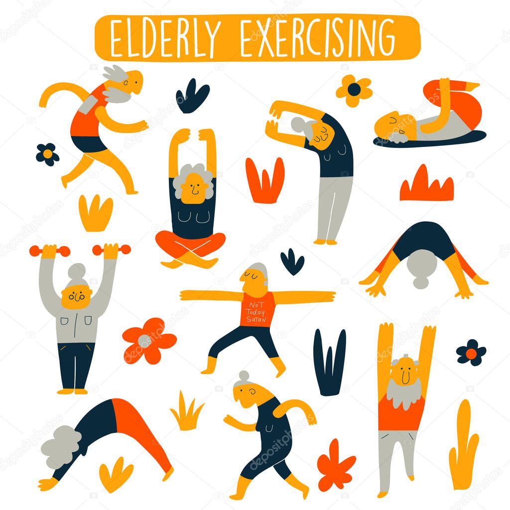 Funny cartoon vector set of elderly exercising. Healthy life style concept for seniors people