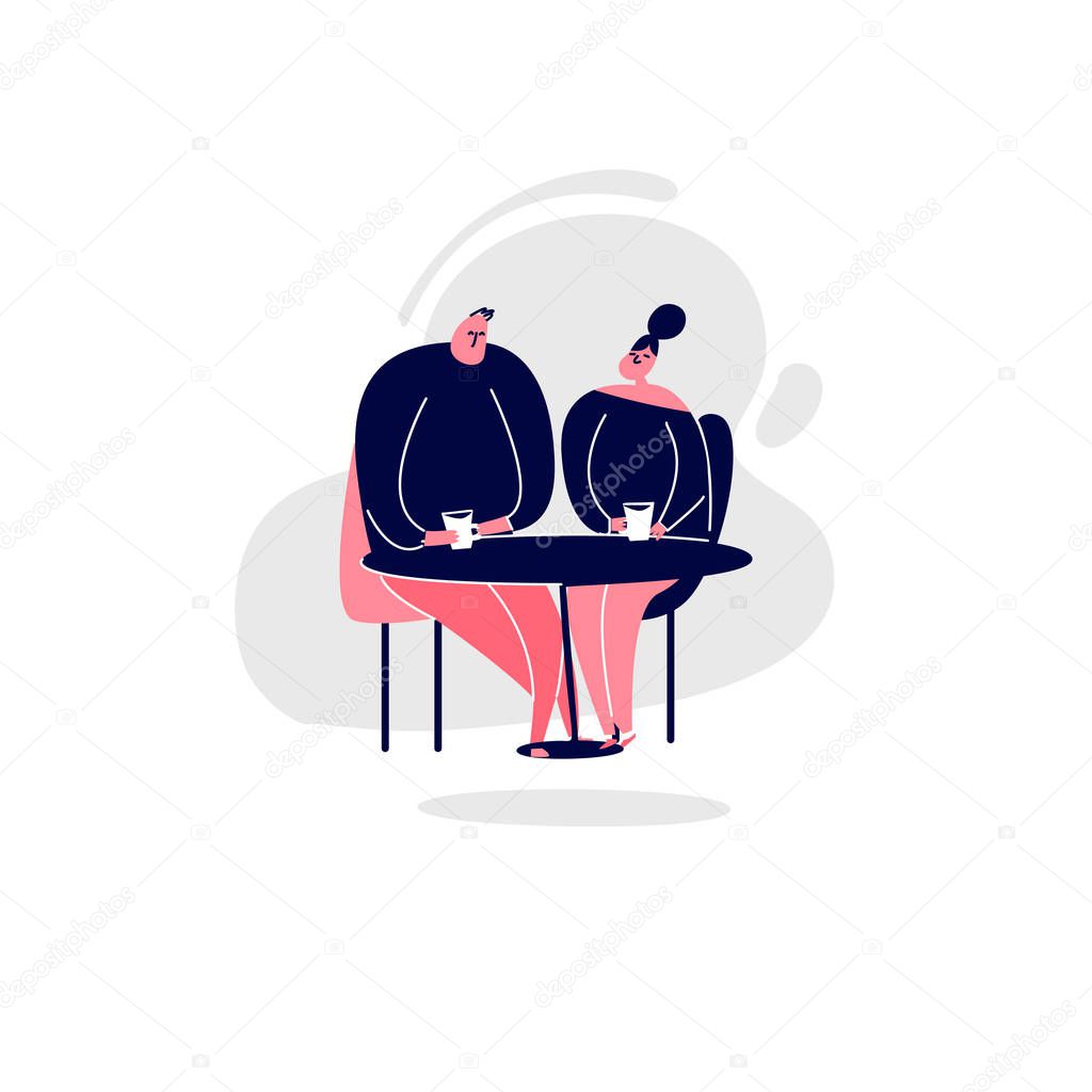 Vector cartoon illustrattation of couple sitting at the cafe drinking coffee or tea.