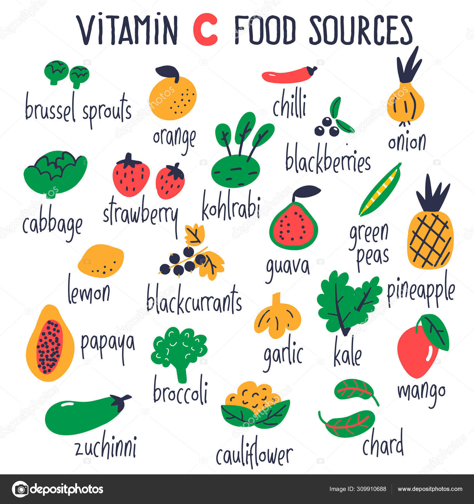 Matron baas Banket Vitamin C food sources collection. Vector cartoon illustration, isolated on  white. Stock Vector by ©Dukheva 309910688