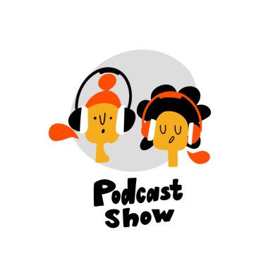 Kulaklık iki dj kız Vektör doodle illüstrasyon. Podcast logo kavramını gösterin. Beyaz üzerine izole.