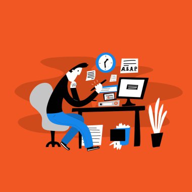 Genç erkeklerin işyerinde oturan ve iş yerine telefonunu izlerken Vektör illüstrasyon. Erteleme. Düz çizgi film tarzı. Kırmızı arka plan.