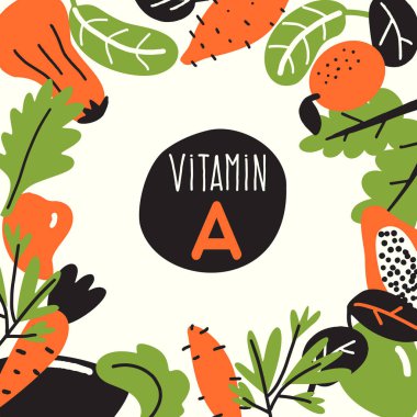 Vitamin A. Vektör karikatür illüstrasyon, Metin alanı ile Gıda infredients. Sağlıklı beslenme şablonu