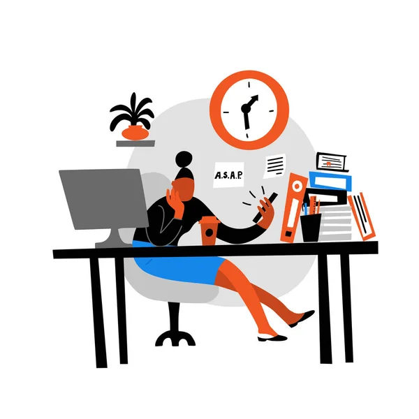 Векторні плоскі ілюстрації жінок, які сидять в офісі і дивляться телефон. Прокрастинація. Ізольовані на білому . — стоковий вектор
