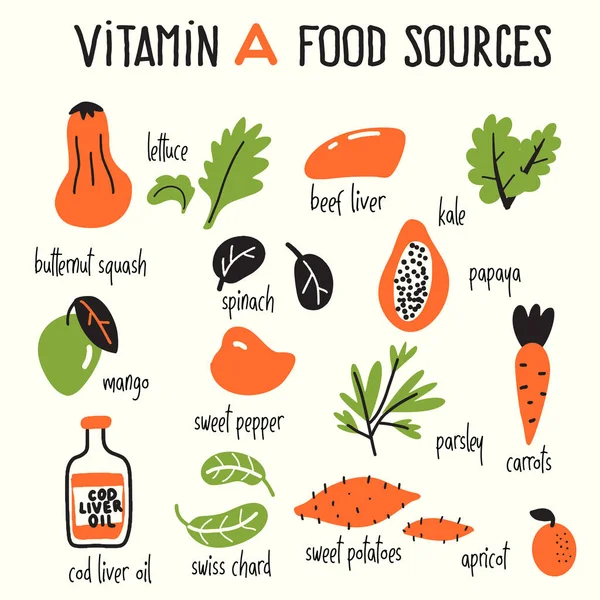 Dibujos animados vectoriales ilustración de fuentes de alimentos de vitamina A . — Archivo Imágenes Vectoriales