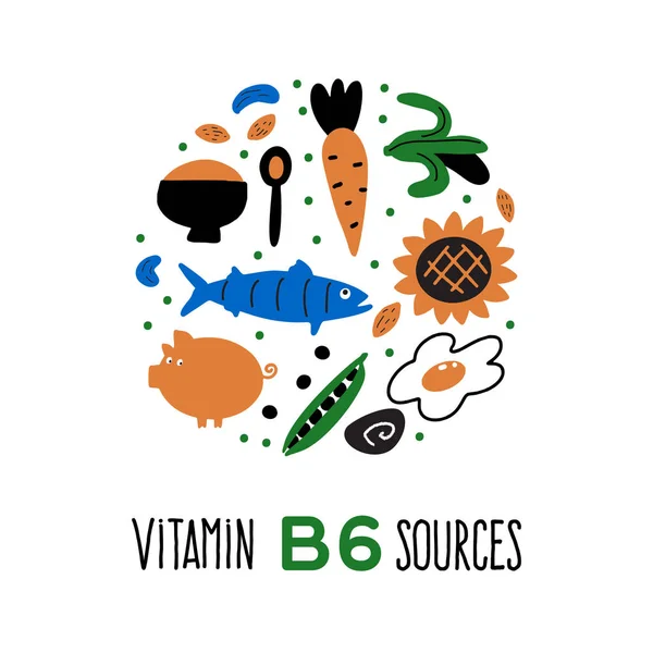 Vitamin B 6 födokällor, pyridoxin. Vektor karikatyr illustration. Rund komposition — Stock vektor