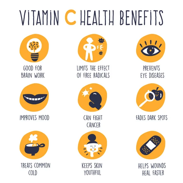 Beneficios de la vitamina C. Vector iconos de dibujos animados conjunto . — Archivo Imágenes Vectoriales