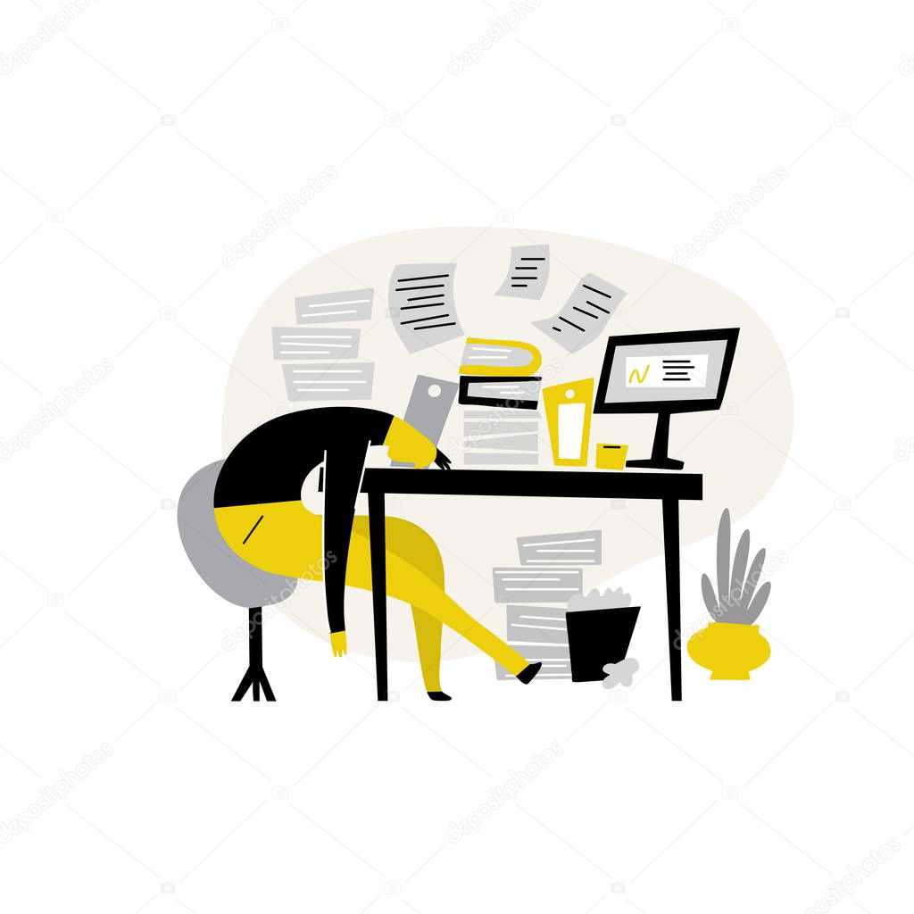 Funny flat vector illustration of tired male, lying on his work table at the office. Procrastination, professional burnout.