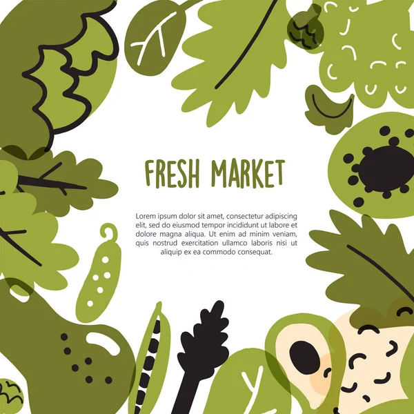 Φρέσκια αγορά. Διανυσματικά κινούμενα σχέδια εικονογράφηση πράσινων λαχανικών και φρούτων. με χώρο κειμένου. Πρότυπο υγιεινής διατροφής — Διανυσματικό Αρχείο