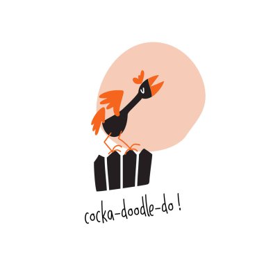 Horoz çit ve karga üzerinde oturan Komik illüstrasyon. Horoz bir doodle yapmak.