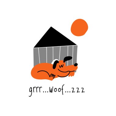 Kabin yakınında uyuyan bir köpeğin komik vektör illüstrasyon.