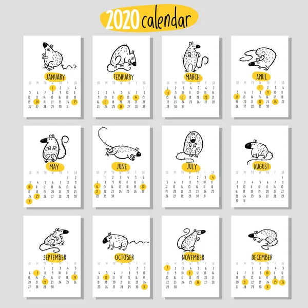 Calendrier drôle de wal avec des rats, symbole de l'année 2020. Vecteur . — Image vectorielle