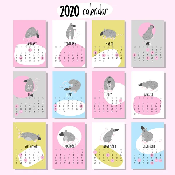 Calendrier mural 2020. Année du rat. Illustration vectorielle des rats pour chaque mois . — Image vectorielle