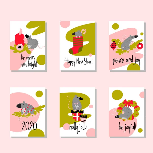 Conjunto de cartões de Natal engraçados com ratos e saudações, feitos em vetor. Convite, cartaz. Símbolo do ano 2020 — Vetor de Stock