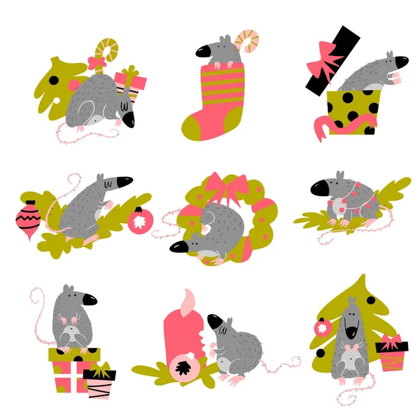 Grappige collectie van kerst ratten. Symbool van 2020 jaar in de Chinese kalender. Vector cartoon geïsoleerde illustratie. — Stockvector