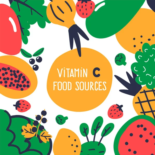 Recogida de fuentes alimentarias de vitamina C. Ilustración de dibujos animados vectoriales, infredientes de alimentos con espacio de texto. Plantilla de alimentación saludable — Archivo Imágenes Vectoriales