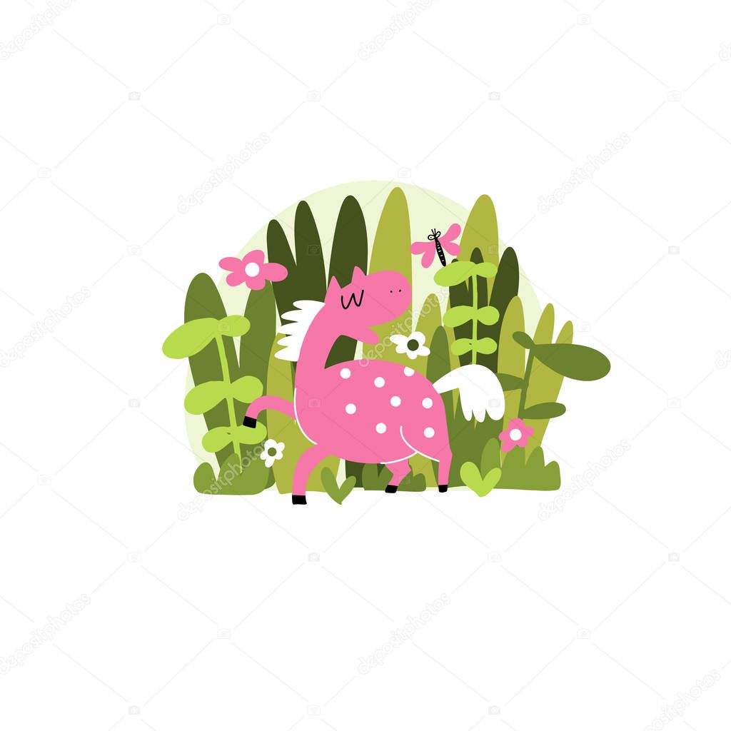 Vector illustration of funny pink horse with herbs and flowers. Isolated on white.