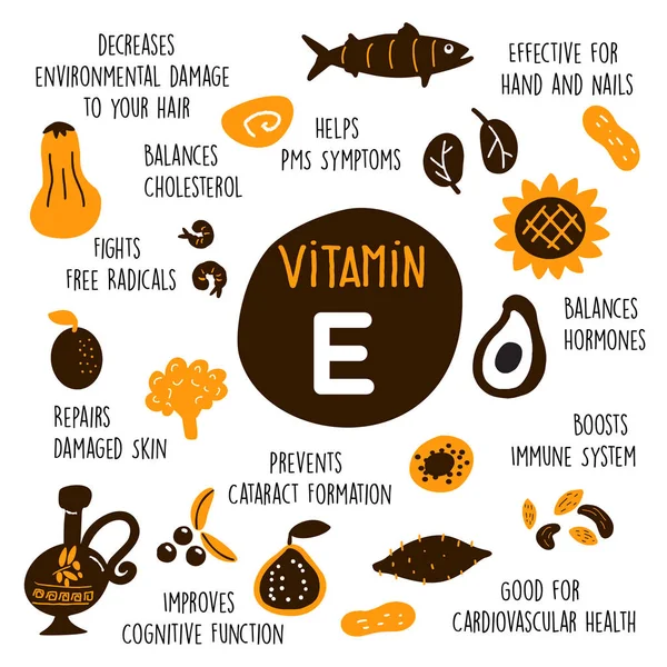 Funny Vector Cartoon illustration av E-vitamin källor och information om det fördelar. — Stock vektor