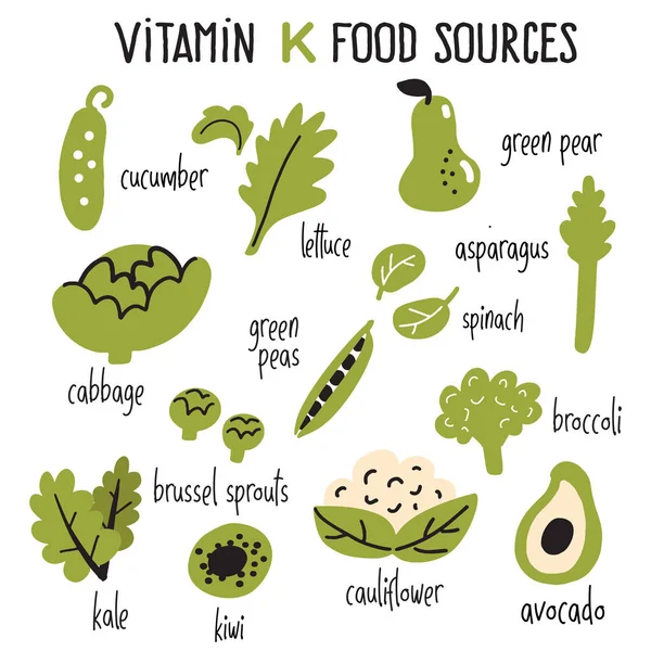 Ilustração vetorial plana de alimentos ricos em vitamina K. Produtos hortícolas verdes . — Vetor de Stock