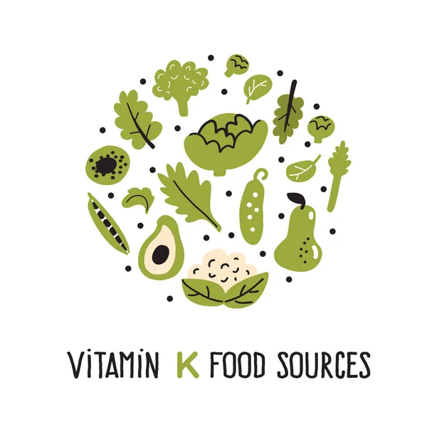 Επίπεδη απεικόνιση των πλούσιων τροφών της βιταμίνης κ. Πράσινα λαχανικά σε κύκλο σύνθεση. — Διανυσματικό Αρχείο