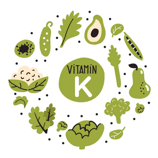Επίπεδη απεικόνιση των πλούσιων τροφών της βιταμίνης κ. Πράσινα λαχανικά. Στρογγυλή σύνθεση. — Διανυσματικό Αρχείο