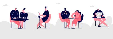 Kafede çay ve kahve içen insanların vektör karikatür çizimi. Web pankartı.