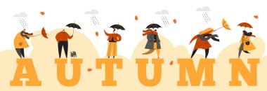People with umbrellas under the rain. Autumn collection. Flat vector illustration. Horizontal banner. clipart