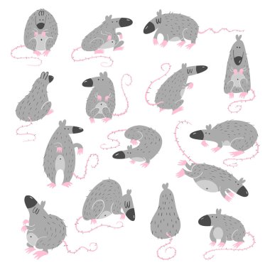 Farklı pozlardaki farelerin komik vektör kümeleri. 2020 yıl sembolü.